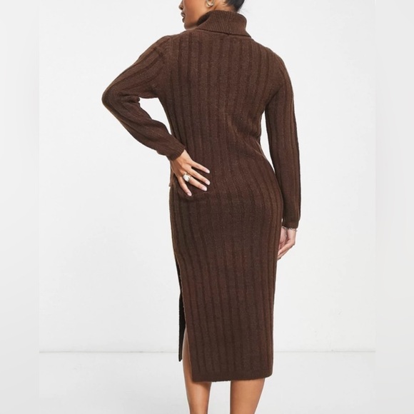 Asos Designs Brown Sweater Dress Turtle Neck Long Sleeve Knit Slit PT US 4 EU 36 - Picture 2 of 9